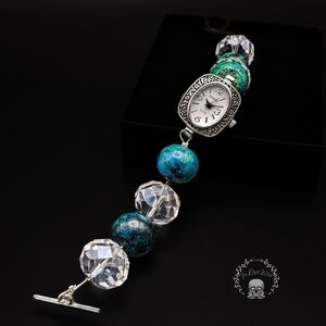 Watch Bracelet with Faceted Glass Crystals and Large Blue Beads